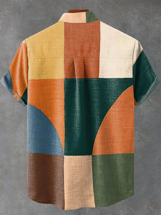Retro Geometric Patchwork Shirt – Vintage Color Block Short Sleeve Button-Up