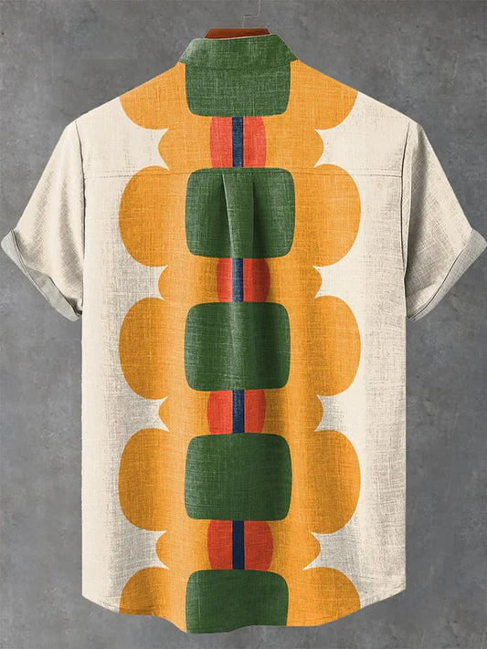 Retro Floral Block Pattern Shirt – Vintage Abstract Short Sleeve Button-Up