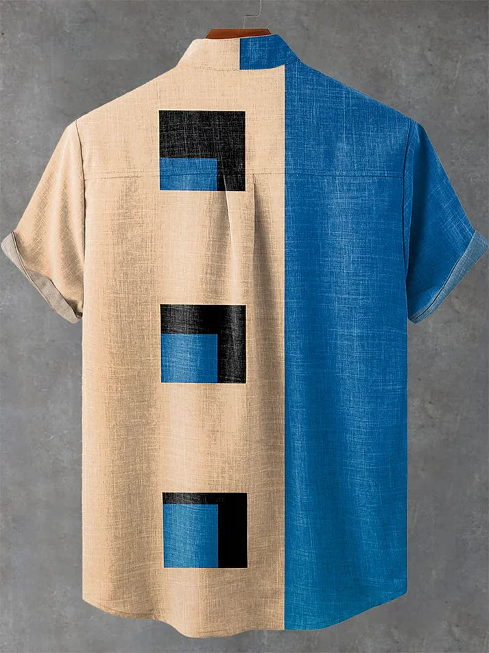 Modern Geometric Block Print Short-Sleeve Shirt – Beige & Blue Split Design Casual Button-Up