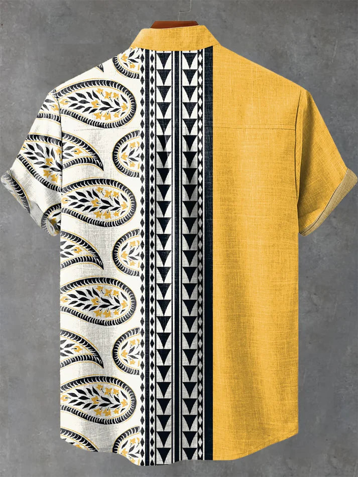 Yellow & Paisley Patchwork Shirt – Vintage Half-Print Short Sleeve Button Down