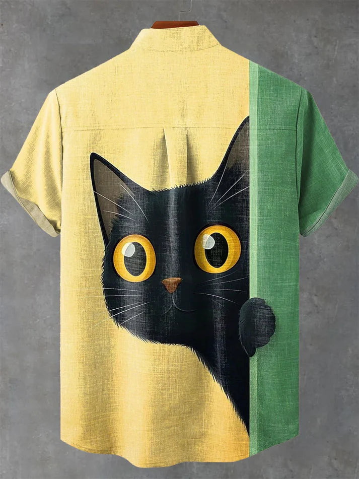 Premium Solid Casual Shirt – Soft Cotton | Peekaboo Cat Graphic Shirt for Men | Cute Cat Art Casual Wear