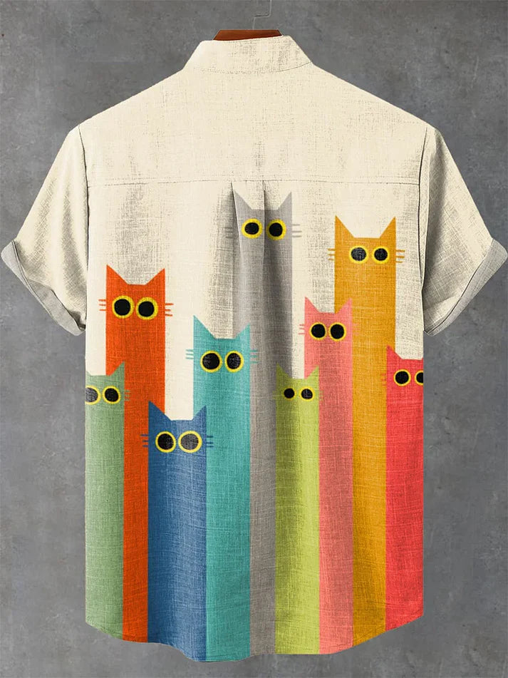 Colorful Cat Print Shirt – Cute Retro Cartoon Short Sleeve Button-Up