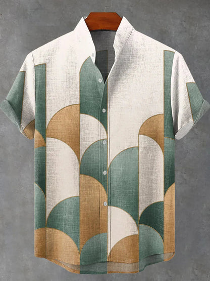 Retro Geometric Print Short-Sleeve Shirt – Vintage Art Deco Button-Up Summer Casual Top