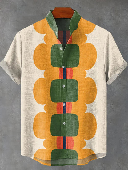 Retro Floral Block Pattern Shirt – Vintage Abstract Short Sleeve Button-Up