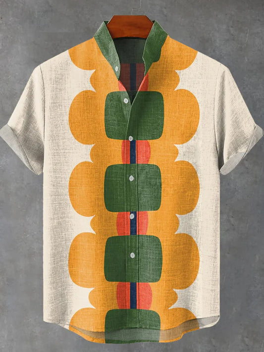 Retro Floral Block Pattern Shirt – Vintage Abstract Short Sleeve Button-Up