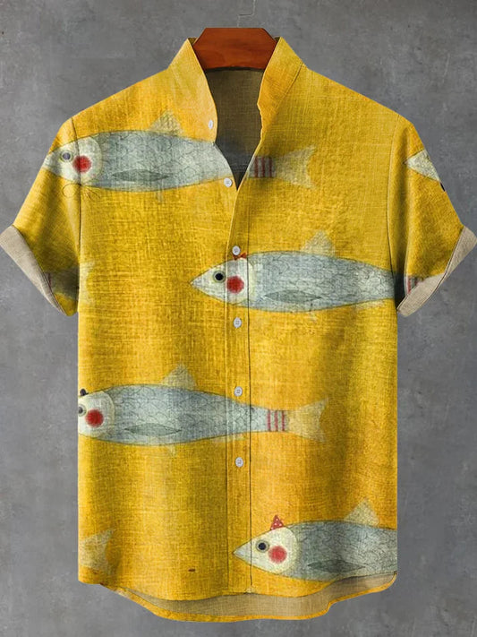 Retro Yellow Fish Print Shirt – Artistic Vintage Short Sleeve Button Down