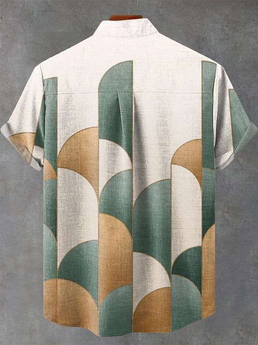 Retro Geometric Print Short-Sleeve Shirt – Vintage Art Deco Button-Up Summer Casual Top