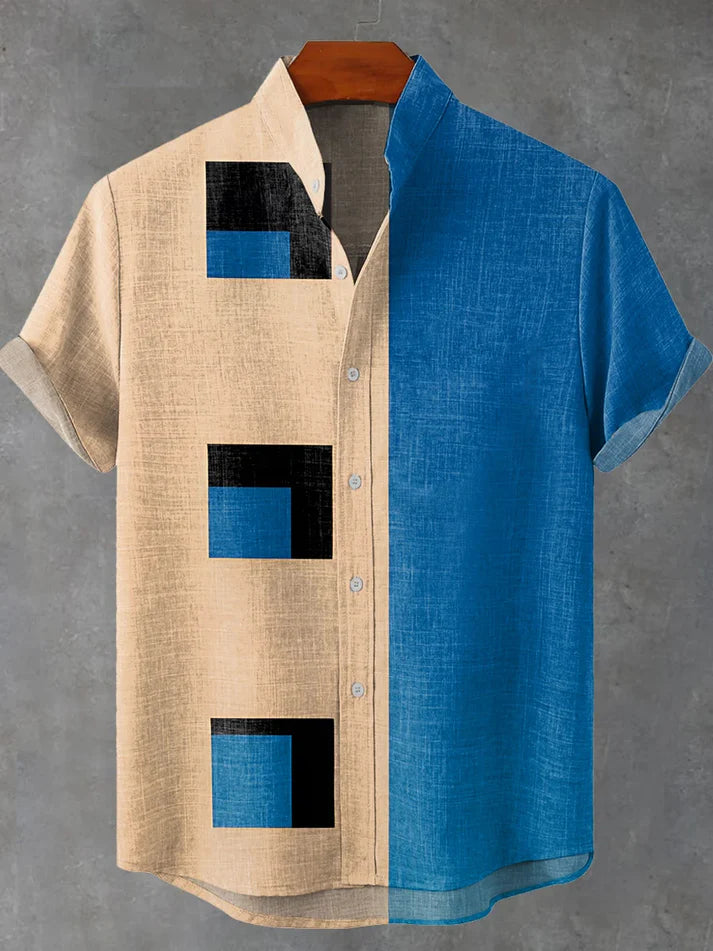 Modern Geometric Block Print Short-Sleeve Shirt – Beige & Blue Split Design Casual Button-Up