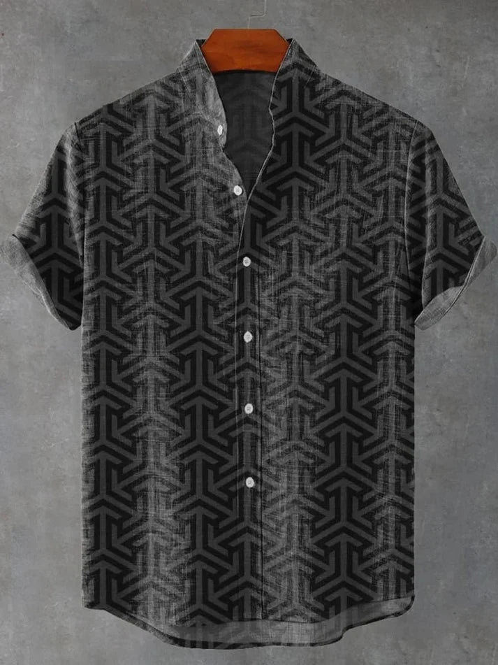 Modern Geometric Pattern Short-Sleeve Shirt – Black Textured Button-Up Casual Summer Top