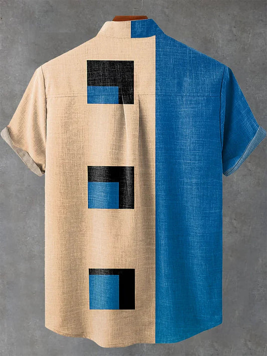 Modern Geometric Block Print Short-Sleeve Shirt – Beige & Blue Split Design Casual Button-Up