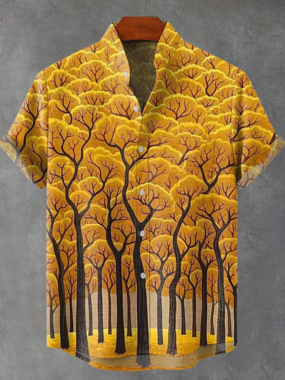 Premium Solid Casual Shirt – Soft Cotton | Autumn Forest Print Shirt for Men | Nature Art Casual Summer Wear