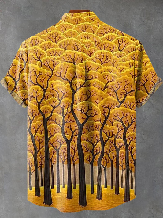 Premium Solid Casual Shirt – Soft Cotton | Autumn Forest Print Shirt for Men | Nature Art Casual Summer Wear