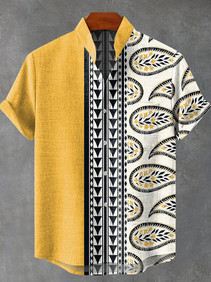 Yellow & Paisley Patchwork Shirt – Vintage Half-Print Short Sleeve Button Down