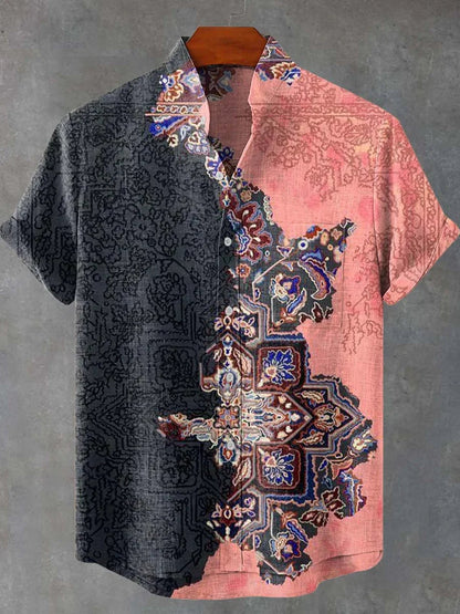 Vintage Persian Carpet Print Shirt – Half & Half Artistic Short Sleeve Button-Up