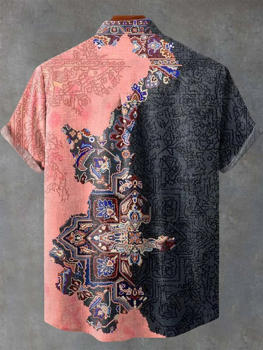 Vintage Persian Carpet Print Shirt – Half & Half Artistic Short Sleeve Button-Up
