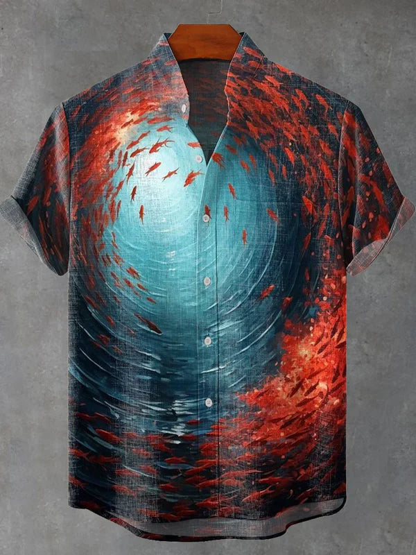 Vortex Ocean Swirl Shirt – Artistic Red Fish Print Summer Button-Up