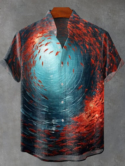 Vortex Ocean Swirl Shirt – Artistic Red Fish Print Summer Button-Up