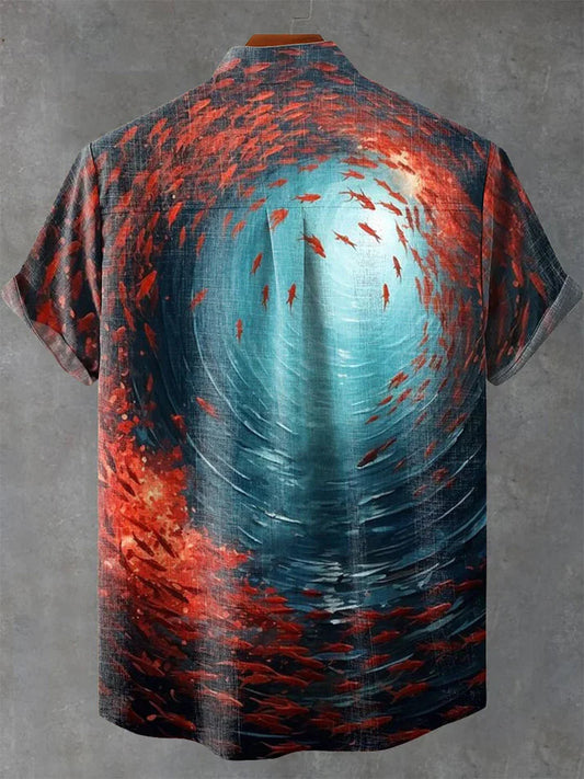 Vortex Ocean Swirl Shirt – Artistic Red Fish Print Summer Button-Up