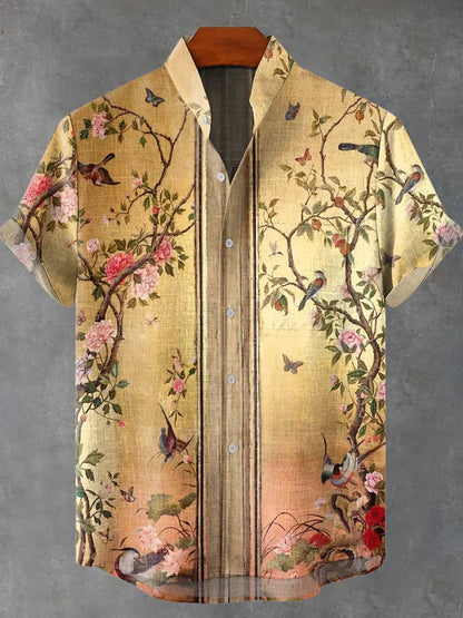 Premium Solid Casual Shirt – Soft Cotton | Vintage Floral Bird Art Print Shirt for Men | Summer Artistic Casual Wear
