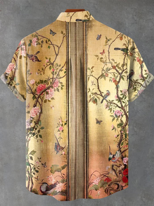 Premium Solid Casual Shirt – Soft Cotton | Vintage Floral Bird Art Print Shirt for Men | Summer Artistic Casual Wear