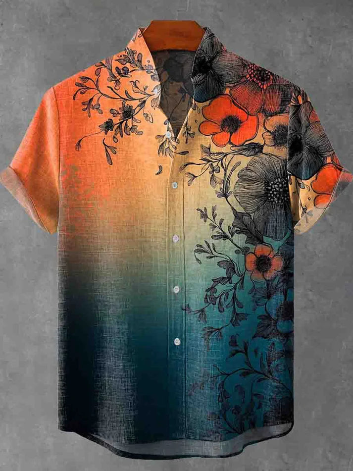 Sunset Gradient Floral Shirt – Vintage Botanical Short Sleeve Button Down