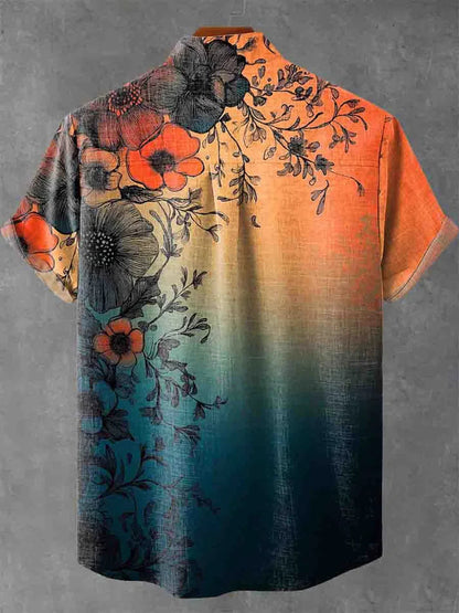 Sunset Gradient Floral Shirt – Vintage Botanical Short Sleeve Button Down