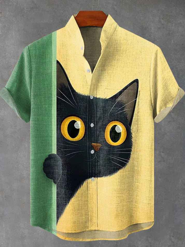 Premium Solid Casual Shirt – Soft Cotton | Peekaboo Cat Graphic Shirt for Men | Cute Cat Art Casual Wear